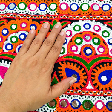 Black Cotton Fabric Trim with Multicolor Embroidery and Real Mirror, Kutch Embroidery Trim, Paisley Decorative Border